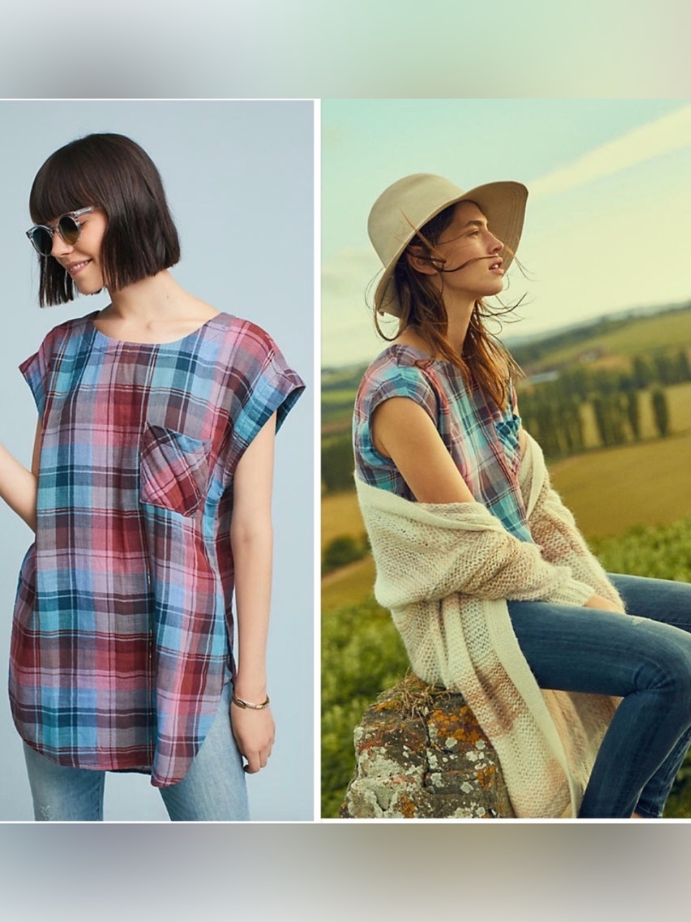 Anthropologie Akemi + Kin Cap Sleeve Plaid Tunic Small Blue Purple Metallic Boho